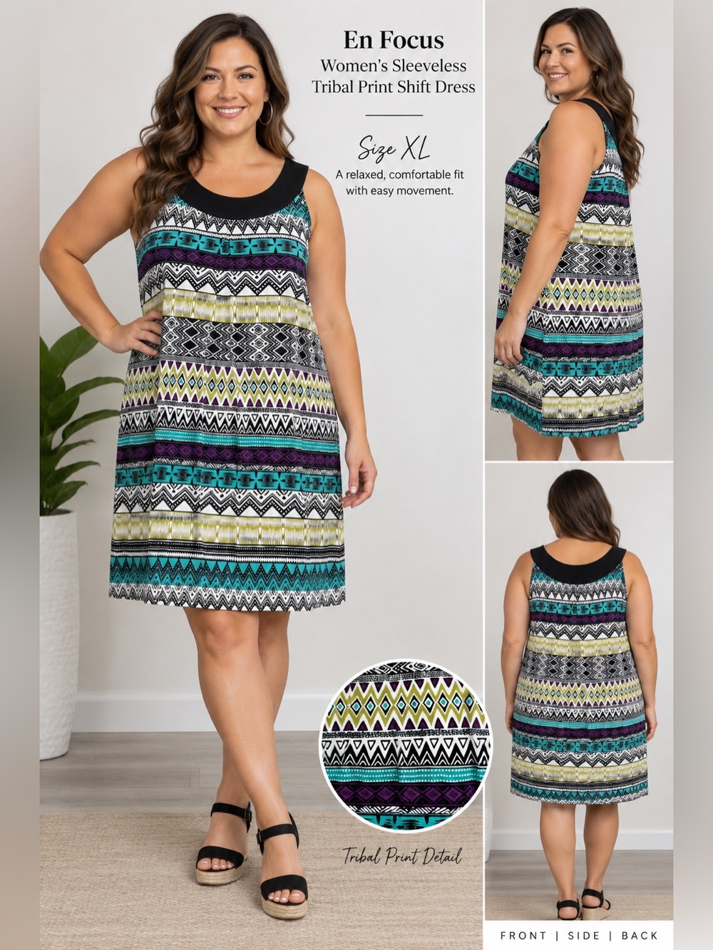En Focus Women’s Sleeveless geometric design Print Shift Dress Size XL